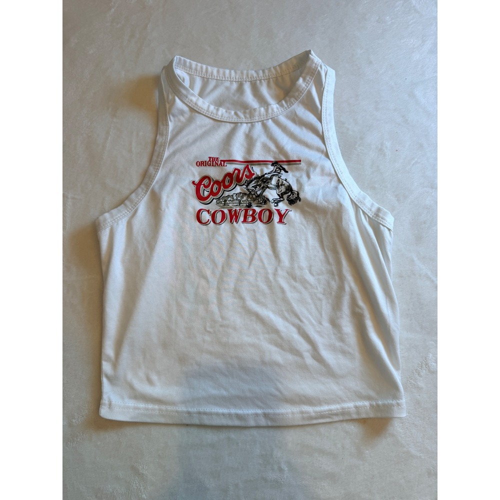 Coors Cowboy Graphic Tank Top White Sleeveless Cropped Western Racing Tee Womens